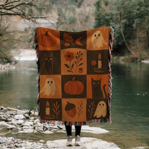 Vintage Halloween Woven Blanket – Retro Ghost Cat Pumpkin Throw, Fall Decor Blanket, Spooky Autumn Couch Throw, 100% Cotton, Made in USA