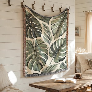 Monstera Leaf Woven Blanket: Tropical Boho Tapestry Throw