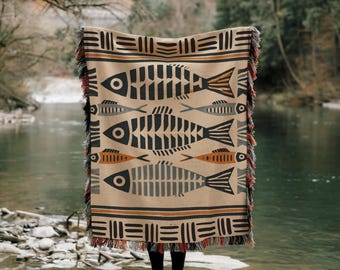 Folk Art Fish Woven Blanket: Scandinavian Coastal Decor