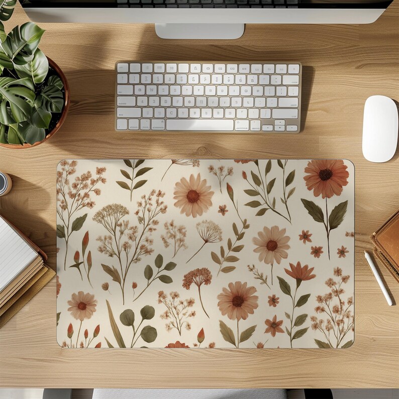 Scandi Boho Desk Mat – Earthy Wildflower Mouse Pad, Neutral Aesthetic Office Decor, Soft Muted Floral, Indie Cottagecore Workspace image 7