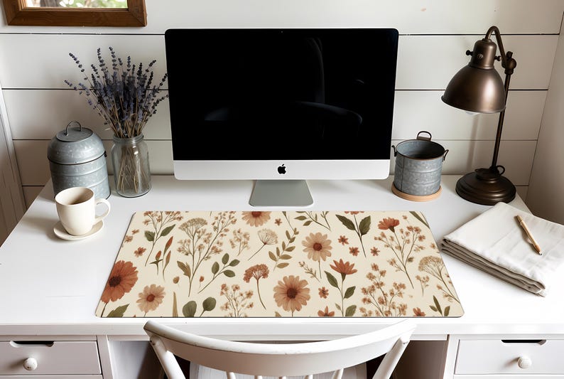 Scandi Boho Desk Mat – Earthy Wildflower Mouse Pad, Neutral Aesthetic Office Decor, Soft Muted Floral, Indie Cottagecore Workspace image 9