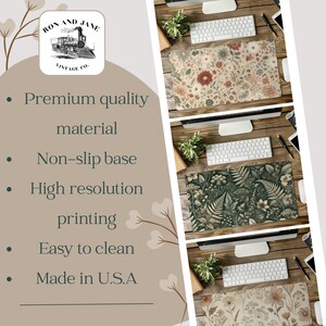 May include: Three different designs of mousepads featuring floral patterns. The mousepads are on a wooden surface with a keyboard and a computer monitor in the background. The text "RON AND JANE VINTAGE CO." is in the top left corner of the image.