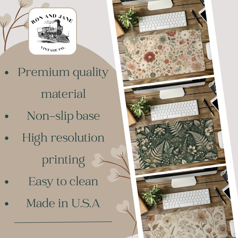 May include: Three different designs of mousepads featuring floral patterns. The mousepads are on a wooden surface with a keyboard and a computer monitor in the background. The text "RON AND JANE VINTAGE CO." is in the top left corner of the image.