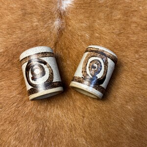 Vintage Stoneware Salt and Pepper Shakers Rustic Brutalist Pottery Set Handmade Look Neutral Speckled Glaze