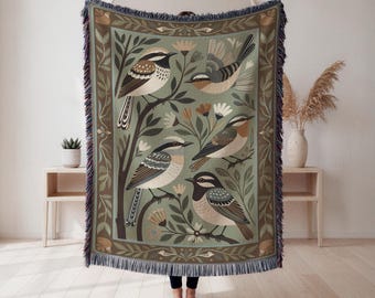 Scandi Bird Woven Blanket, Moss Green Throw, Nordic Folk Art Tapestry, Sage Green Wall Hanging, Earthy Cottagecore Decor
