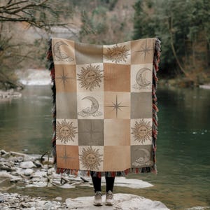 Celestial Sun and Moon Woven Blanket – Boho Patchwork Throw, Astrology-Inspired Tapestry, Cozy Mystic Home Decor, Unique Gift