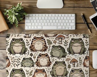 Cottagecore Frog Desk Mat: Whimsical Toad & Mushroom Office Decor