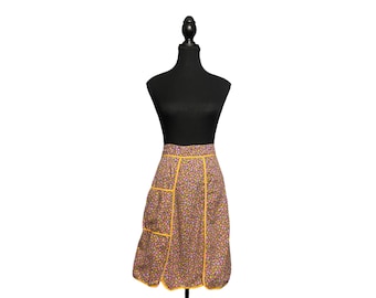 Vintage 70s Ditsy Floral Half Apron Purple Orange Retro Kitchen