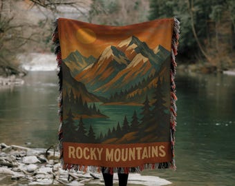 Rocky Mountains Woven Blanket: Retro National Park Cabin Decor