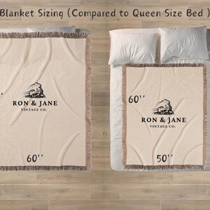 May include: A comparison of two throw blankets, one measuring 80 inches by 60 inches and the other measuring 60 inches by 50 inches. Both blankets are cream colored with brown fringe and feature a vintage train logo with the text "Ron & Jane Vintage Co."