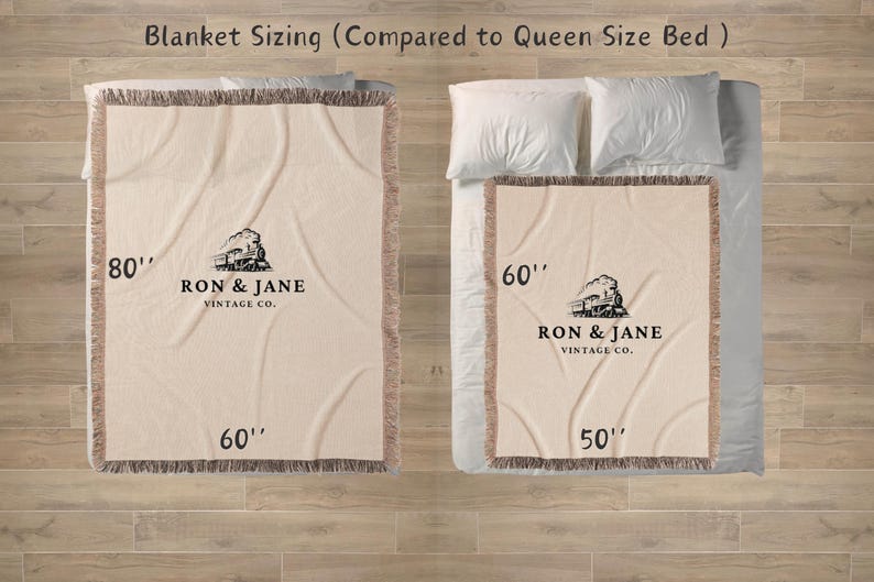 May include: A comparison of two throw blankets, one measuring 80 inches by 60 inches and the other measuring 60 inches by 50 inches. Both blankets are cream colored with brown fringe and feature a vintage train logo with the text "Ron & Jane Vintage Co."