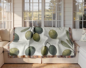 Olive Branch Woven Cotton Blanket: Mediterranean Farmhouse Throw, Made in USA
