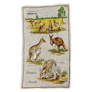 Vintage Bindoon WA canguro toalla de té de lino, paño de cocina de recuerdo australiano, decoración rústica del hogar, cocina moderna de mediados de siglo