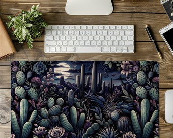 Moonlit Cactus Desk Mat: Southwest Desert Botanical Office Decor