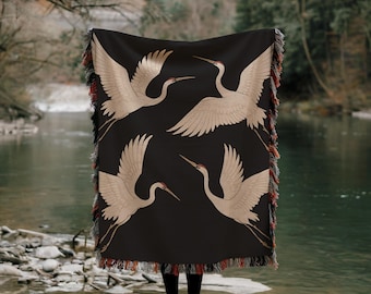 Japandi Crane Woven Tapestry Blanket – Minimalist 100% Cotton Wall Throw with Fringe, Soft Neutral Sofa or Bed Decor