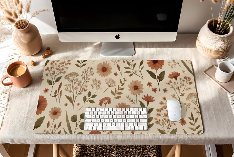 Scandi Boho Desk Mat – Earthy Wildflower Mouse Pad, Neutral Aesthetic Office Decor, Soft Muted Floral, Indie Cottagecore Workspace image 4