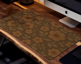 Brown Floral Desk Mat – Vintage Style XXL Mouse Pad, Boho Office Desk Decor, Cottagecore Desk Pad, Aesthetic Workspace Accessory