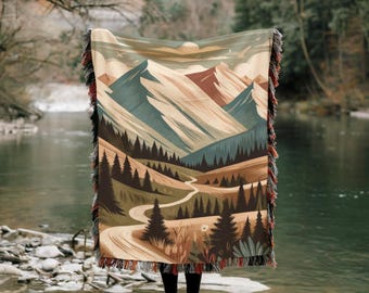 Cozy Woven Rocky Mountain Landscape Blanket with Rustic Nature Scene – Forest Trail Tapestry Throw Blanket, Outdoor Lover Gift