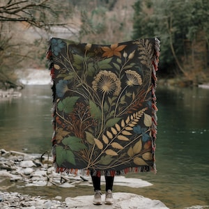 Dark Botanical Woven Blanket: Vintage Wildflower Cottagecore Throw