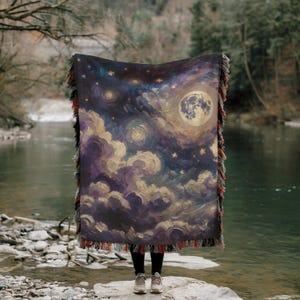 Woven Cotton Throw Blanket: Full Moon Night Sky, Celestial Art