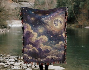 Full Moon, Cloudy Night Sky, Woven Throw Blanket, Watercolour Celestial Art, Housewarming Gift for, Whimsical Gift Idea, Witchy Boho Decor