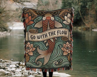 Koi Fish Woven Blanket: 100% Cotton Tapestry Throw, Boho Zen Decor