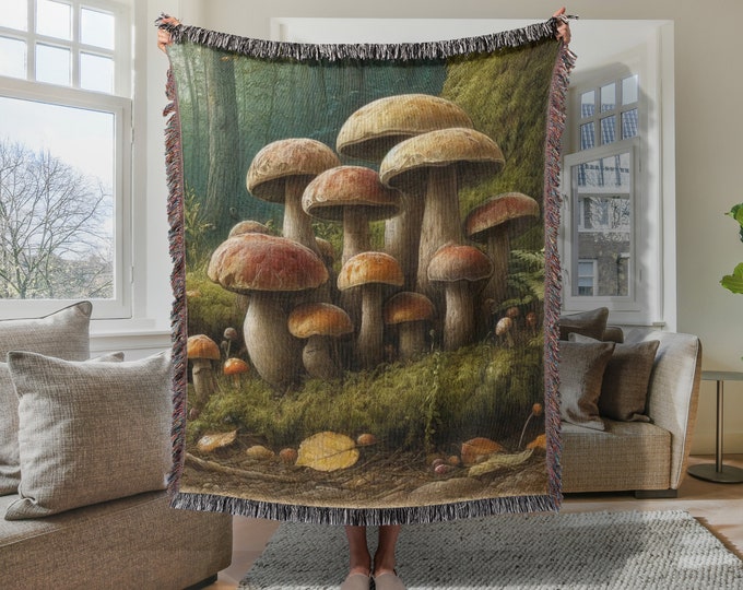 Enchanted Forest Cotton Throw Blanket - Wabi Sabi Woven Tapestry with Fringe, Mushroom Woodland Design, Cozy Nature-Inspired Home Decor