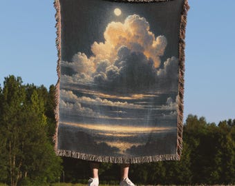 Moonlit Cloudscape Woven Blanket: Celestial Tapestry Throw