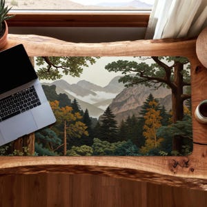 Redwood Forest Desk Mat Mountain Landscape Scene, Earth Tone Nature Decor, Woodland Aesthetic Desk Accessory, Rustic Gift for Men