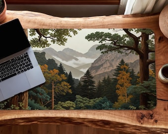 Redwood Forest Desk Mat Mountain Landscape Scene, Earth Tone Nature Decor, Woodland Aesthetic Desk Accessory, Rustic Gift for Men
