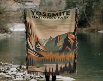 Yosemite National Park Woven Blanket: Vintage Mountain Tapestry Throw