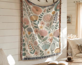 Floral Woven Blanket: Boho Cottagecore Tapestry Throw