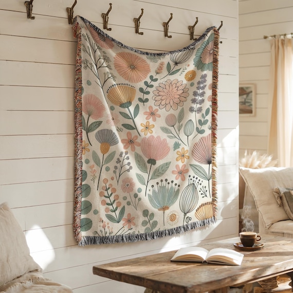 Floral Woven Blanket: Boho Cottagecore Tapestry Throw