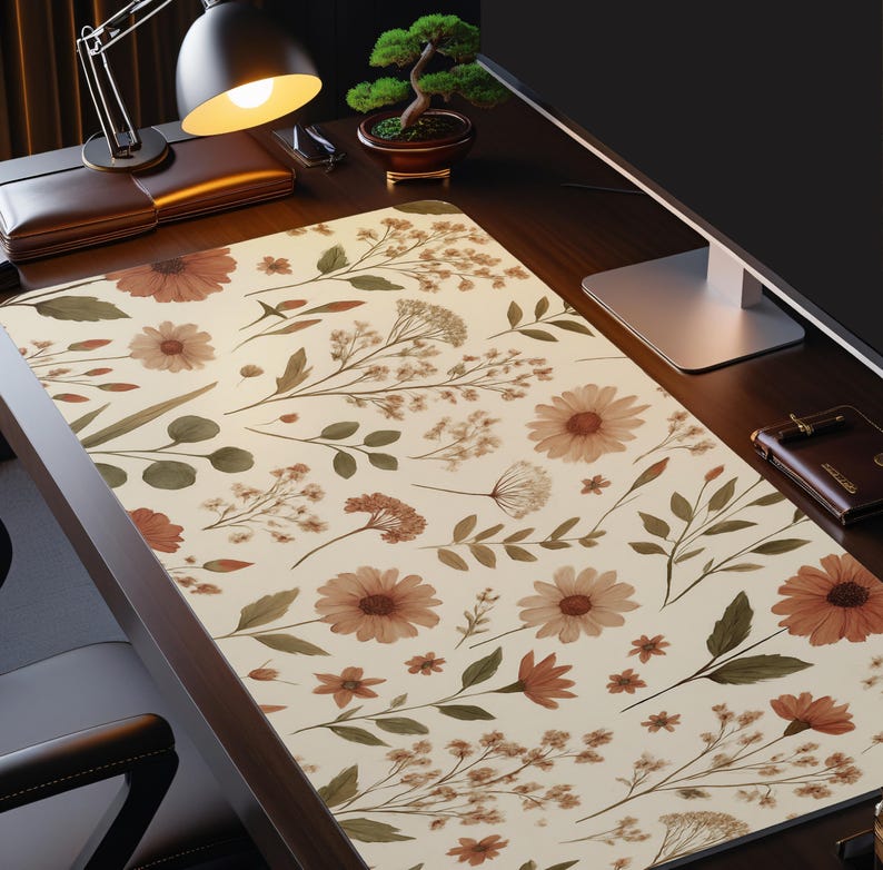 Scandi Boho Desk Mat – Earthy Wildflower Mouse Pad, Neutral Aesthetic Office Decor, Soft Muted Floral, Indie Cottagecore Workspace image 1