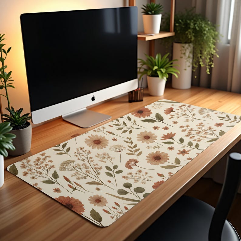 Scandi Boho Desk Mat – Earthy Wildflower Mouse Pad, Neutral Aesthetic Office Decor, Soft Muted Floral, Indie Cottagecore Workspace image 2