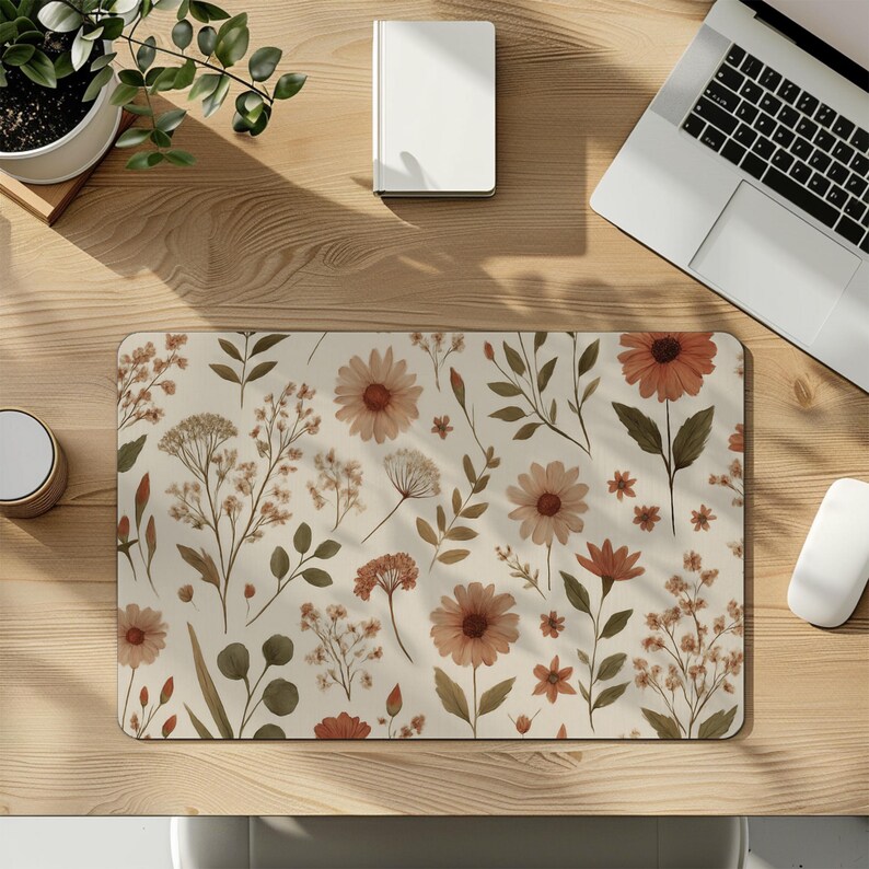Scandi Boho Desk Mat – Earthy Wildflower Mouse Pad, Neutral Aesthetic Office Decor, Soft Muted Floral, Indie Cottagecore Workspace image 3