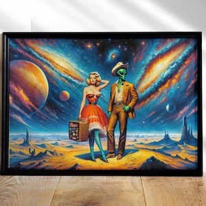 Retro Sci-Fi Western Art Print: Alien Cowboy & Pin-Up Girl