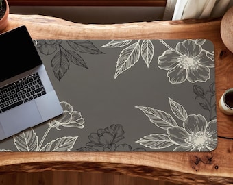 Charcoal Gray Floral Desk Mat, Neutral Botanical Mouse Pad XXL, Minimalist Flower Desk Pad, Aesthetic Office Workspace Decor