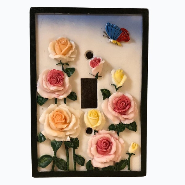 Vintage Floral Light Switch Cover - 3D Acrylic Roses - Antique Decorative Wall Plate - Classic Home Decor - Butterfly Accent, Cottagecore