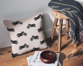 Motorcycle Woven Throw Pillow – Vintage Biker Decor ,  Filled Cotton Pillow, Retro Motorbike Gift for Him or Home