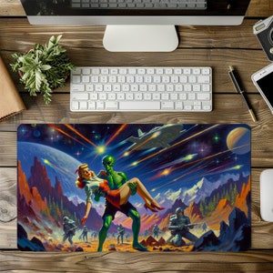 May include: A colourful, retro-style illustration of a green alien carrying a woman in a red dress through a mountainous landscape. The scene is set against a starry night sky with flying saucers and shooting stars.