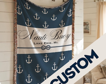 Custom Boat Name Blanket • Personalized Nautical Throw • Anchor Blanket Gift for Lake House & Beach Home