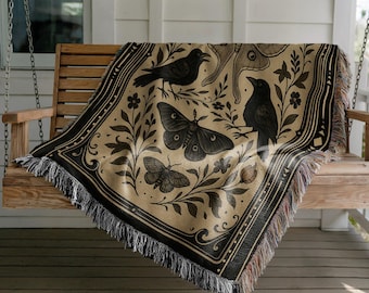 Tarot Tapestry Blanket – Raven and Moth Throw Blanket, Bedspread, Witchy Cottagecore Gift, Whimsigoth Wall Art