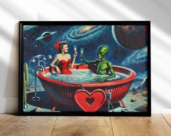 If He Wanted To, He Would, Intergalactic Honeymooners - Vintage Pin-Up and Alien Sci-Fi Art Print, Pulp Art, Cosmic Retro Home Decor