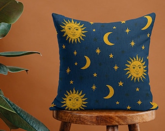 90s Celestial Woven Pillow: Vintage Sun Moon Star Tapestry, Made in USA