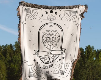 Leo Zodiac Tapestry Blanket with Name, Black & White Astrology Woven Throw Blanket, Personalized Name and Birth Year, All Birth Signs