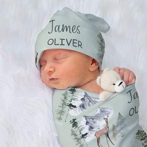 Woodland Swaddle Blanket With Name, Personalized Sage Green Swaddle Set, Soft & Stretchy Baby Blanket, Headband And Beanie Hat
