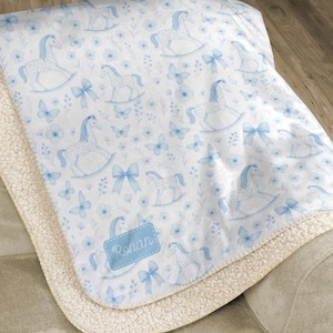 Blue Toile Horse Blanket with Name Personalized Newborn Blanket Horse for Boys Cute Equestrian Fuzzy Blanket For Children