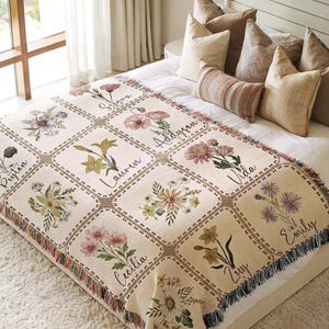 Family Garden Blanket Custom Birth Flower Patchwork Blanket Grandma Heritage Woven Throw