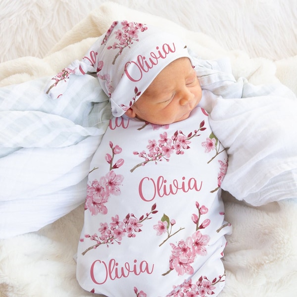 Cherry Blossom Swaddle Blanket Set, Newborn Baby Girl Floral Swaddle With Name, Hospital Outfit Girl, Swaddle Set With Matching Hat